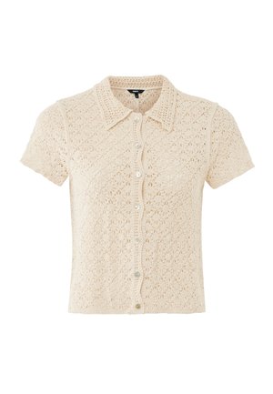 Beige, korte mouwen, gehaakte blouse met knopen en kraag, voorzien van bloemmotief, lichtgewicht en halfdoorzichtige stof.