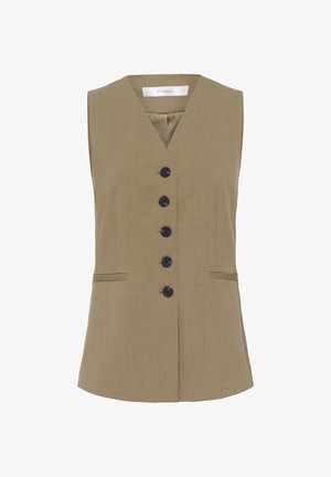 Khaki sleeveless vest with a V-neck, featuring five black buttons down the front, two side pockets, and a smooth textured fabric.