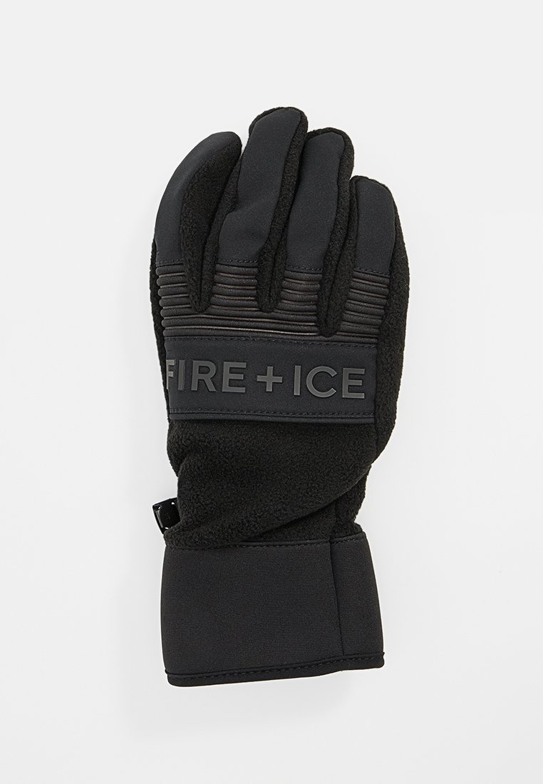 Schwarze Handschuhe aus Fleece und synthetischem Material, mit strukturiertem Grip, elastischem Band und prominentem "FIRE + ICE"-Logo.