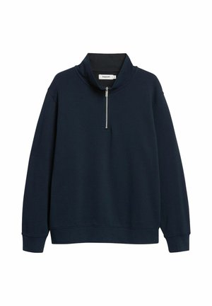 Marineblauer Pullover mit langen Ärmeln, einem silbernen Viertelreißverschluss und hohem Kragen, Größe XS.