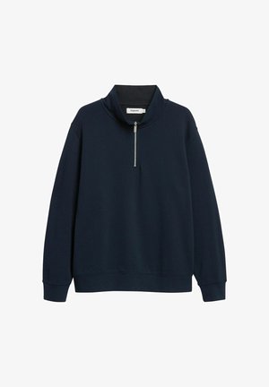 Marineblauer Pullover mit langen Ärmeln, einem silbernen Viertelreißverschluss und hohem Kragen, Größe XS.
