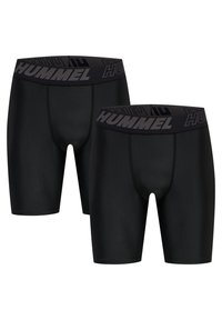 Zwarte sportshorts met een aansluitend ontwerp, gemaakt van glad materiaal. Heeft een brede elastische tailleband met het "HUMMEL" logo in donkergrijs.