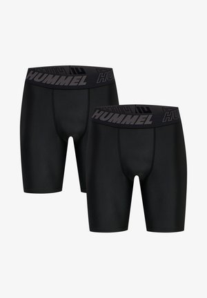 Sorte sportsbukser med en tætsiddende pasform, lavet af glat materiale. Har en bred elastisk talje med "HUMMEL"-logoet i mørkegrå.
