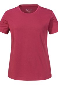 Rotes kurzärmliges T-Shirt aus weichem Stoff mit Rundhalsausschnitt, das dezente Nähte und ein kleines Logo am linken Saum aufweist.