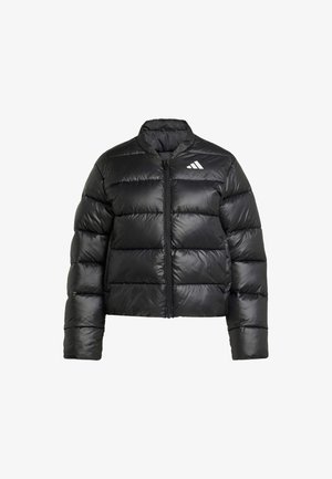 Black puffer jacket with a high collar and a front zipper, featuring a white Adidas logo on the left side of the chest.