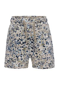 Beige shorts met een kleurrijk abstract patroon, met tinten blauw, groen en marineblauw. Inclusief een elastische tailleband en een koord.