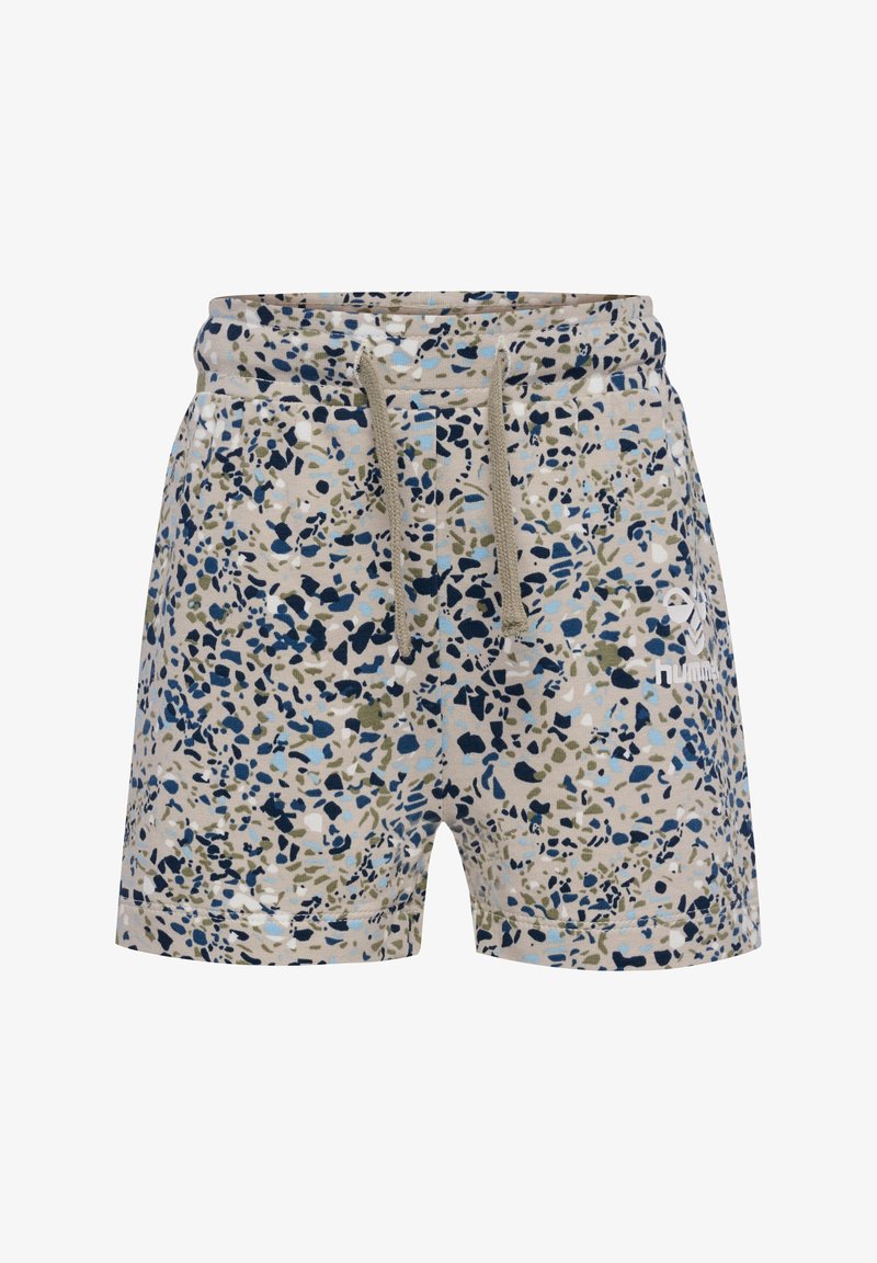 Beżowe szorty z kolorowym, abstrakcyjnym wzorem, zawierające odcienie niebieskiego, zielonego i granatowego. Posiadają elastyczny pas oraz sznurek do regulacji.