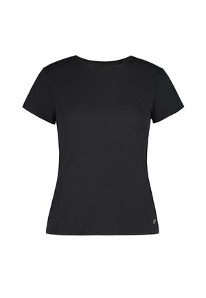 T-shirt nera aderente a maniche corte a costine con scollo rotondo e piccolo logo nella parte inferiore sinistra.