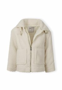 Kremowa polarowa kurtka z zamkiem z przodu, szerokim kołnierzem i dwiema kieszeniami z przodu. Charakteryzuje się miękką teksturą i luźnym krojem.