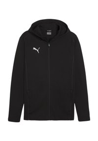 Sort zip-up hoodie lavet af blødt materiale, med en kengurutaske, hvid piping og et lille hvidt Puma-logo på venstre bryst.