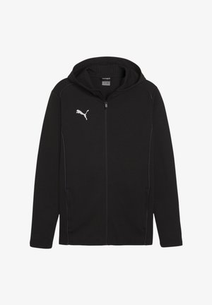 Musta vetoketjuhuppari, joka on valmistettu pehmeästä kankaasta. Hupparissa on kengurupocket, valkoiset kanttaukset ja pieni valkoinen Puma-logo vasemmassa rinnassa.