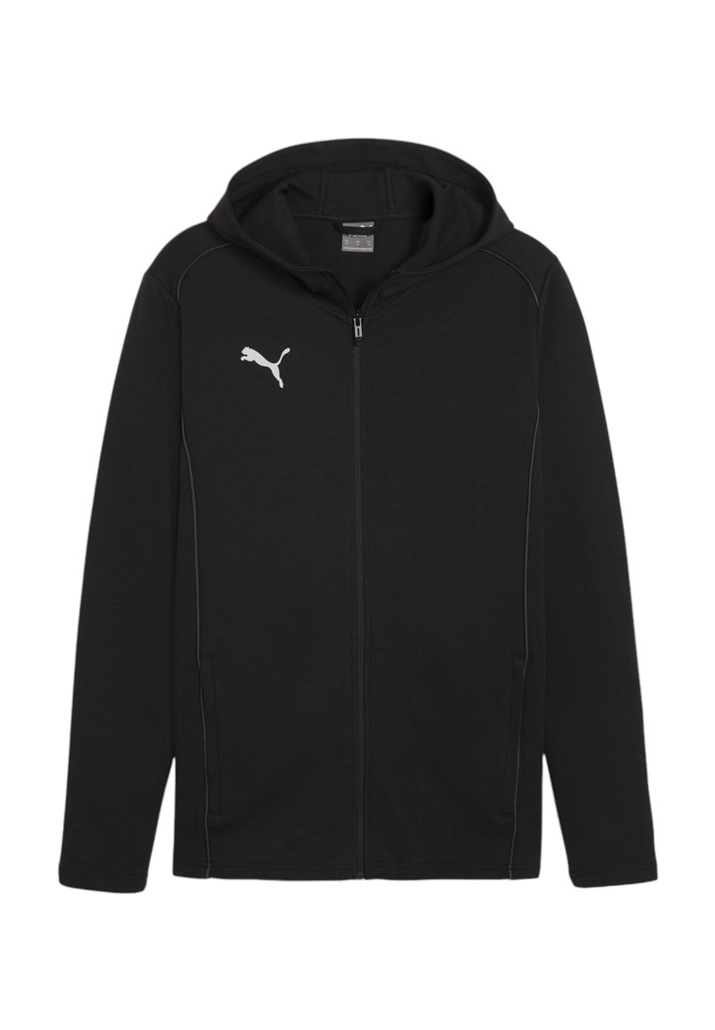 Sort zip-up hoodie lavet af blødt materiale, med en kengurutaske, hvid piping og et lille hvidt Puma-logo på venstre bryst.