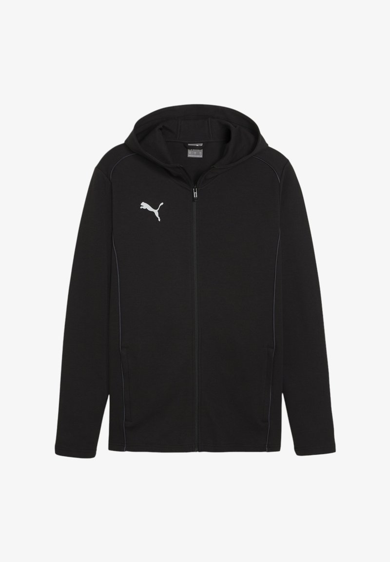Felpa nera con zip realizzata in tessuto morbido, con tasca a marsupio, dettagli bianchi e un piccolo logo Puma bianco sul lato sinistro del petto.