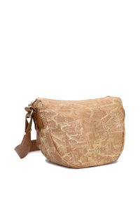 Borsa a tracolla in tela marrone con motivo mappa, chiusura con zip e tracolla in pelle texturizzata, caratterizzata da un accento in oro con il logo.