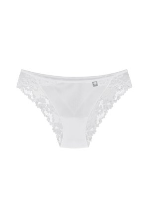 String di lingerie bianco con pannello frontale liscio e pizzo lungo i lati. Include un piccolo etichetta con logo sul davanti.