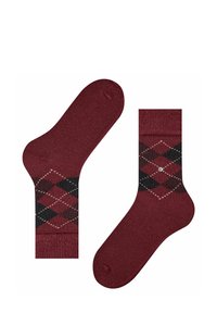 Bordowe skarpetki z wzorem argyle w czerni i ciemnej czerwieni z kremowymi akcentami. Wykonane z miękkiego, teksturowanego materiału. Długość do kostki.