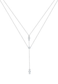 Zilveren gelaagde ketting met cirkelvormige kristallen in een verticale opstelling, met een Y-vormig ontwerp en een gladde, gepolijste afwerking.