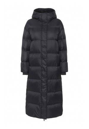 Long black puffer coat with a hood, featuring a stitched quilted design and elastic cuffs. Smooth, shiny texture and knee-length.