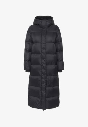 Long black puffer coat with a hood, featuring a stitched quilted design and elastic cuffs. Smooth, shiny texture and knee-length.