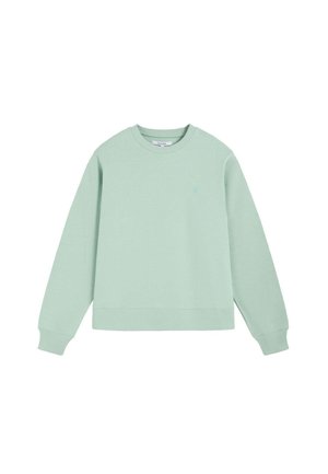 Jersey de cuello redondo de manga larga en verde claro con puños y dobladillo acanalados, colocado plano sobre fondo blanco.