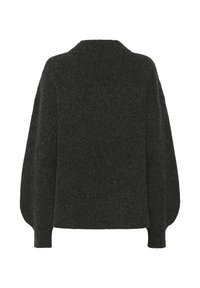 Dunkelgrauer, gerippter Strickpullover mit langen Ballonärmeln und hohem, rundem Ausschnitt, von hinten auf einem weißen Hintergrund dargestellt.