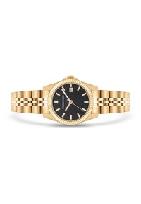 Montre-bracelet en or avec un cadran noir. Caractéristiques : lunette cannelée, marqueurs argentés, affichage de la date et bracelet texturé en or.