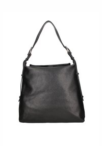 Sac à main en cuir noir avec une finition texturée et une seule bandoulière. Présente une ouverture supérieure et des détails matériels minimaux.