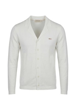 Cardigan bianco a maniche lunghe con bottoni, collo a scialle e piccolo logo rettangolare sul lato sinistro del petto.