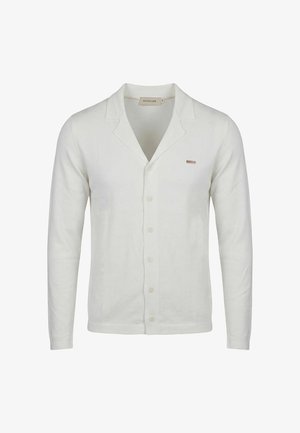 Bílý dlouhý kardigan na knoflíky s výstřihem a malým obdélníkovým logem na levé straně hrudi.