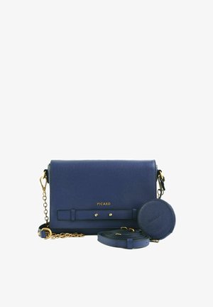 Sac bandoulière bleu marine avec une sangle chaîne dorée, porte-monnaie rond détachable et logo "PICARD" devant.