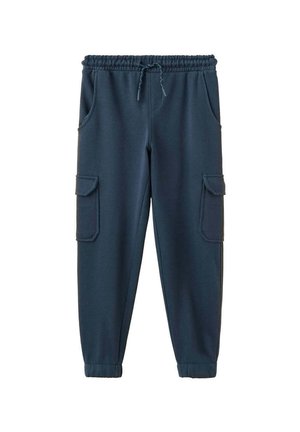 Pantalon de jogging bleu marine avec taille élastique et cordon, poches latérales et poches cargo sur les deux jambes, cintré aux chevilles.
