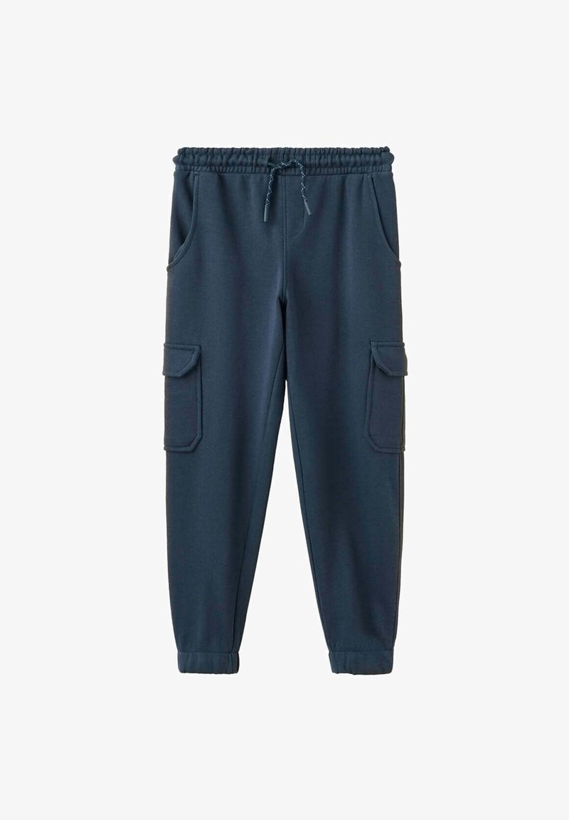 Pantalon de jogging bleu marine avec taille élastique et cordon, poches latérales et poches cargo sur les deux jambes, cintré aux chevilles.