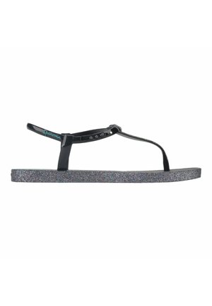 Sandali infradito neri con una brillante striscia superiore nera, suola multicolore scintillante e cinturino alla caviglia regolabile.