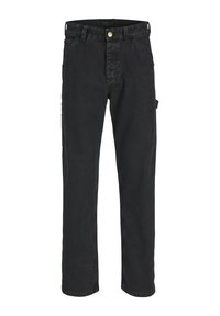 Zwarte denim broek met een rechte pasvorm, vijf zakken en een knoopsluiting. De stof heeft een licht gestructureerde afwerking.