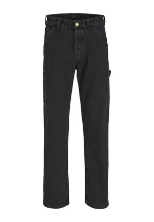 Pantalones de denim negro con corte recto, cinco bolsillos y cierre de botón. La tela tiene un acabado ligeramente texturizado.