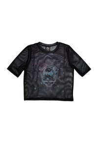 Black mesh short-sleeve shirt featuring a graphic of a skull and "GRATEFUL DEAD" text, decorated with stars and a colorful print.