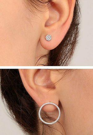 Stud earrings feature a round shape with a cluster of small clear gemstones. The hoop earrings are circular, adorned with a row of sparkling stones.
