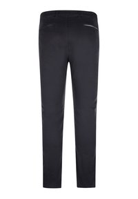 Zwarte broek met een slim fit, voorzien van twee achterzakken en een gladde textuur. Ontworpen met een eenvoudige, moderne snit.