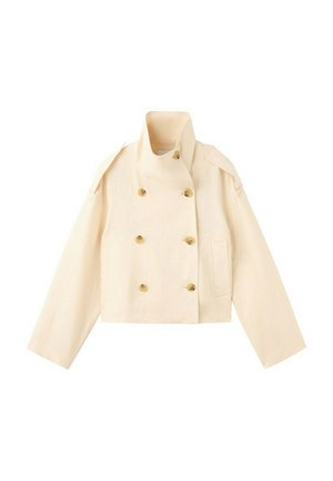 Veste courte couleur crème avec col montant, boutons en bois double boutonnage, manches longues et poches avant.
