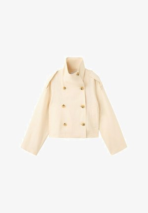 Cream-colored cropped jacket with high collar, double-breasted wooden buttons, long sleeves, and front pockets.