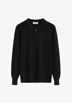 Pull-over en tricot noir avec une fermeture à glissière à moitié frontale, présentant un col polo classique et des manches longues, fabriqué en tissu doux et texturé.