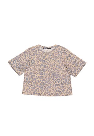 Short-sleeve, lightweight blouse featuring a beige background with blue leopard print. Relaxed fit with a rounded neckline.