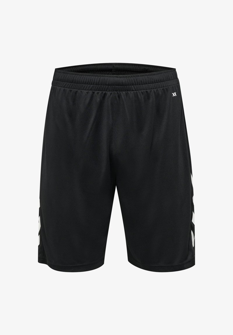 Zwarte sportshorts van lichtgewicht, gladde stof. Voorzien van een elastische tailleband en contrasterende witte diagonale accenten aan de zijkanten.