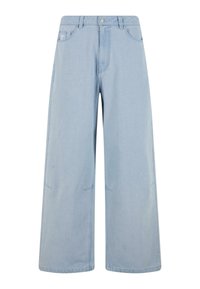 Jeans de mezclilla de pierna ancha en un azul claro, con cintura alta, cierre de botones y bolsillos frontales. El diseño incluye detalles de costura sutiles.