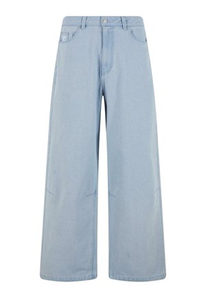 Jasnoniebieskie dżinsowe spodnie o szerokich nogawkach, z wysokim stanem, zapinane na guziki, z przednimi kieszeniami. Projekt zawiera subtelne detale w postaci stężeń.