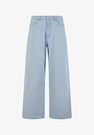 Lysblå vidbenede jeans lavet af denim, med høj talje, knaplukning og frontlommer. Designet inkluderer diskrete syninger.