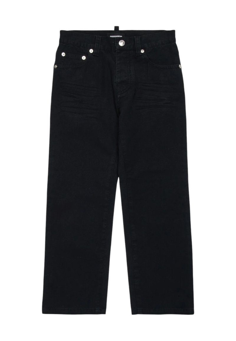 Jeans in denim nero con design a gamba dritta, cinque tasche, accessori in argento e lievi sfumature sulla parte anteriore.
