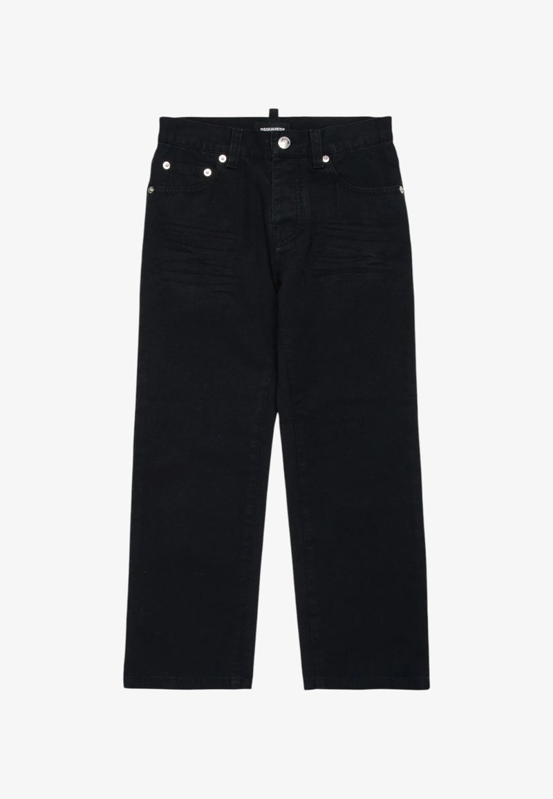 Jeans en denim noir avec une coupe droite, cinq poches, quincaillerie argentée et un léger effet délavé à l'avant.