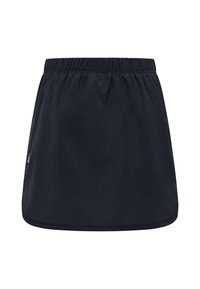 Zwarte sportrok met een elastische tailleband, gemaakt van soepele, lichte stof, met een rechte snit en zonder extra patronen of accenten.