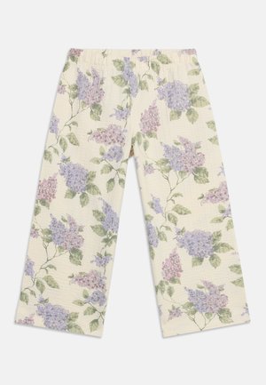 Κρέμ παντελόνια με ελαστική μέση, με λουλουδάτο σχέδιο με μωβ και ροζ συστοιχίες λιλά και πράσινα φύλλα.